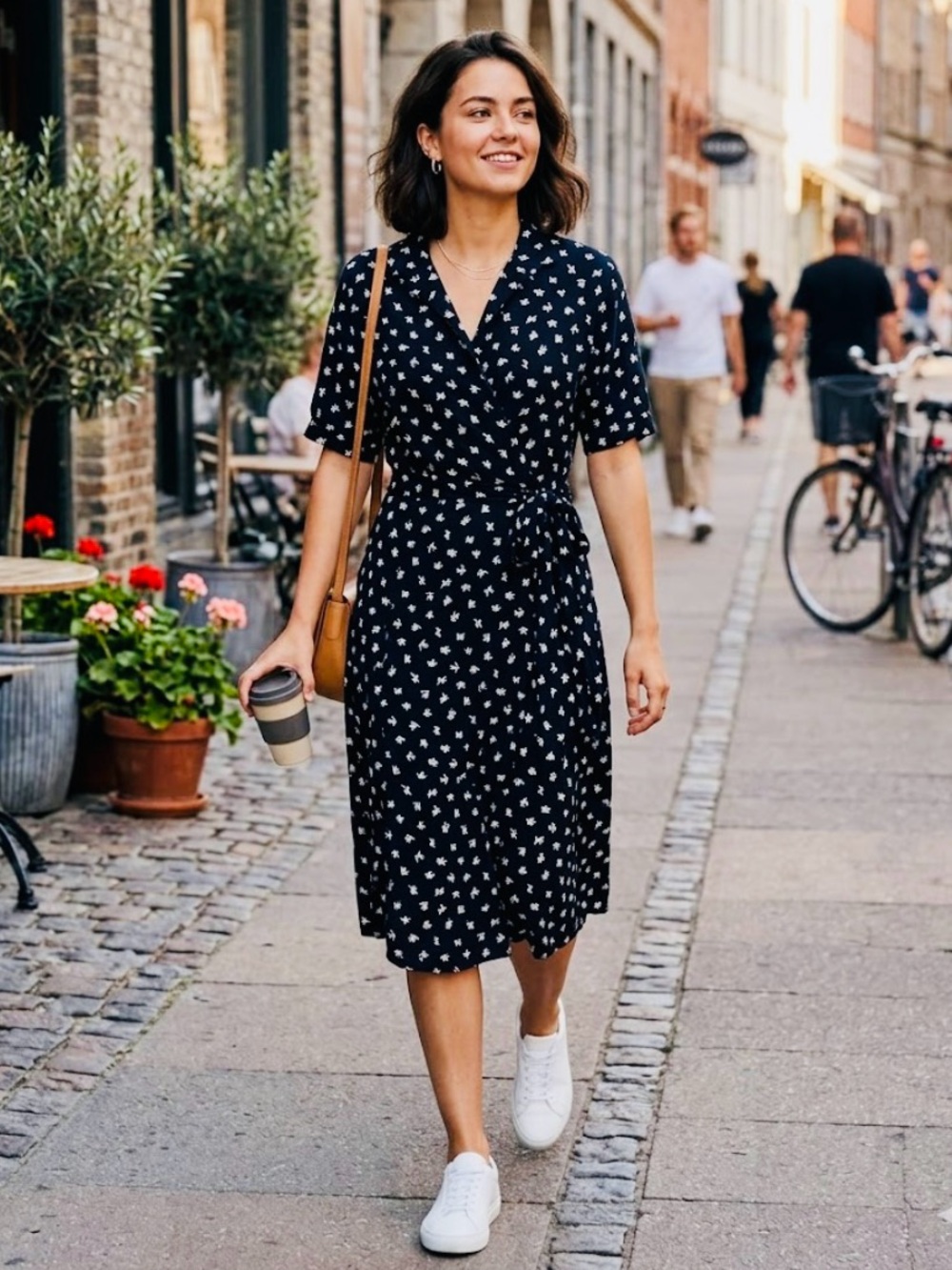 Vintage Black Midi Dress with White Abstract Print